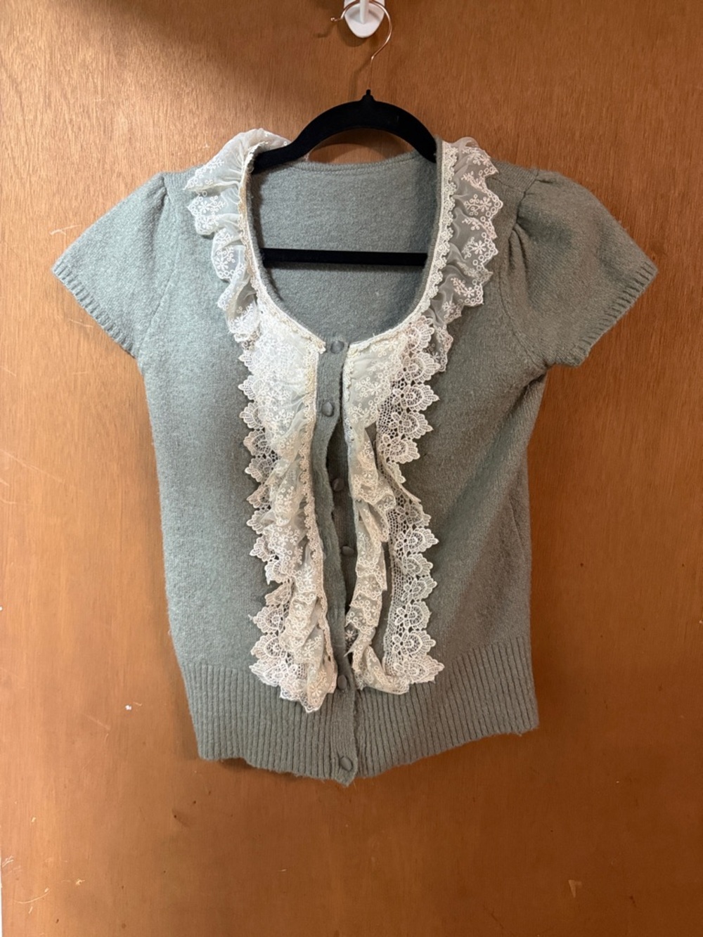 Vintage or Vintage-Inspired Short-Sleeve Lace-Trim Cardigan Sweater